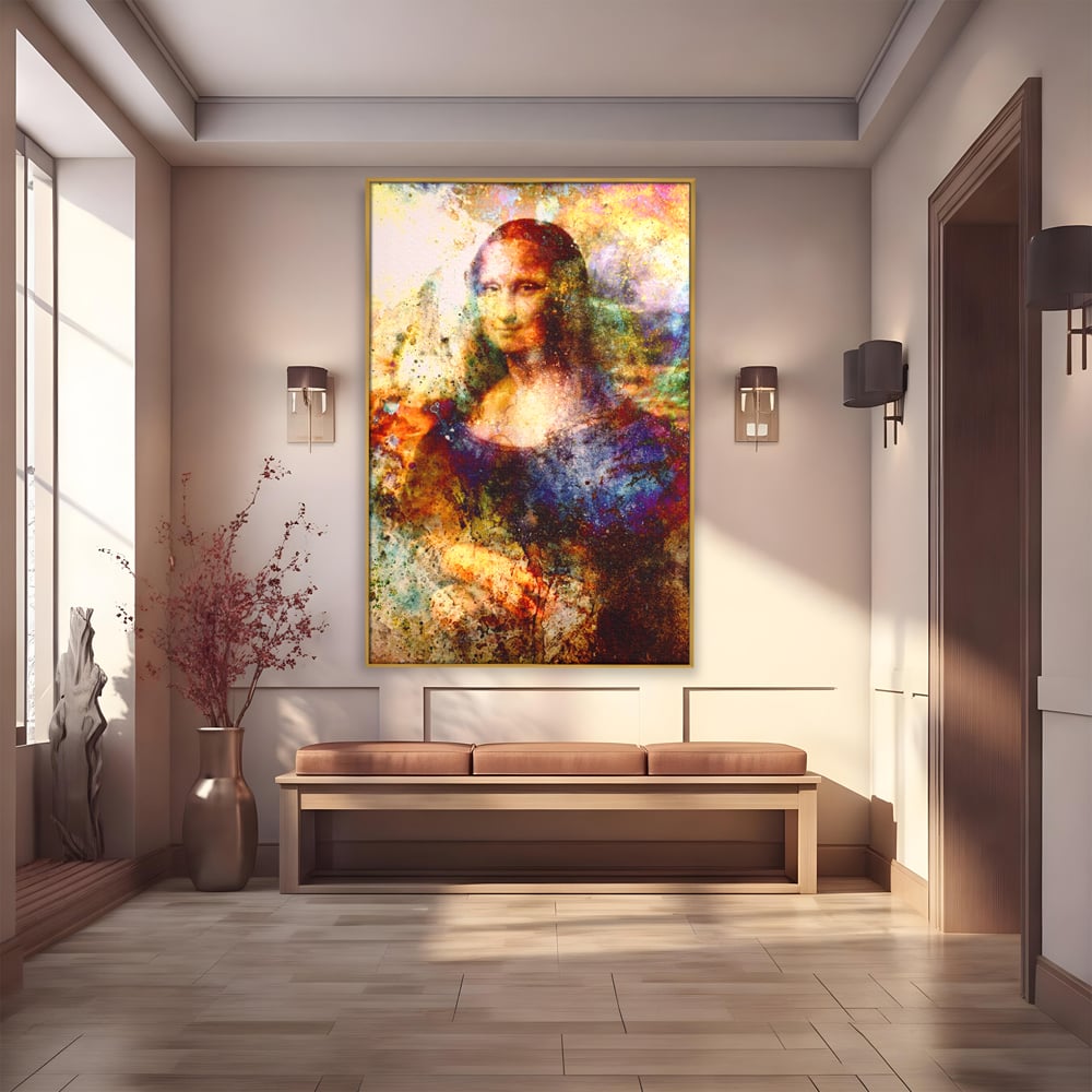 Tablou canvas cu tablou canvas cu mona lisa in culori vibrante, in rama de aluminiu auriu